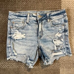American Eagle Ne(x)t Level Stretch Midi Shorts Size 8 Blue Distressed Denim